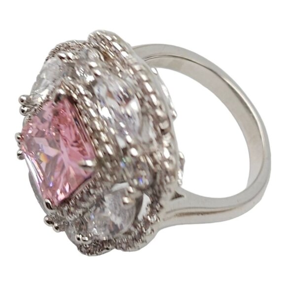Pink Crystal Cushion Cut Pave Rhinestone Flower Cocktail Ring Silver Tone VTG 5 - Picture 3 of 6